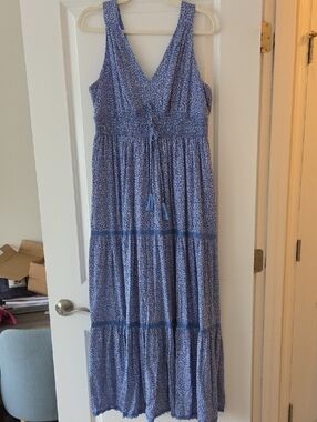 Blue Floral Maxi Dress with Tassel Tie